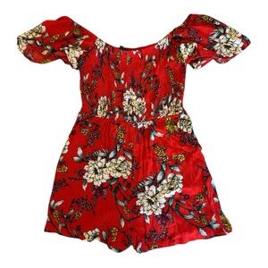 Vibrant Red Floral Romper with Ruffled Flutter Sleeves - Size Small